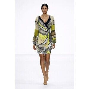 ANALILI Women's Green Beige Abstract Artsy Deco Faux Wrap Party Mini Dress XS